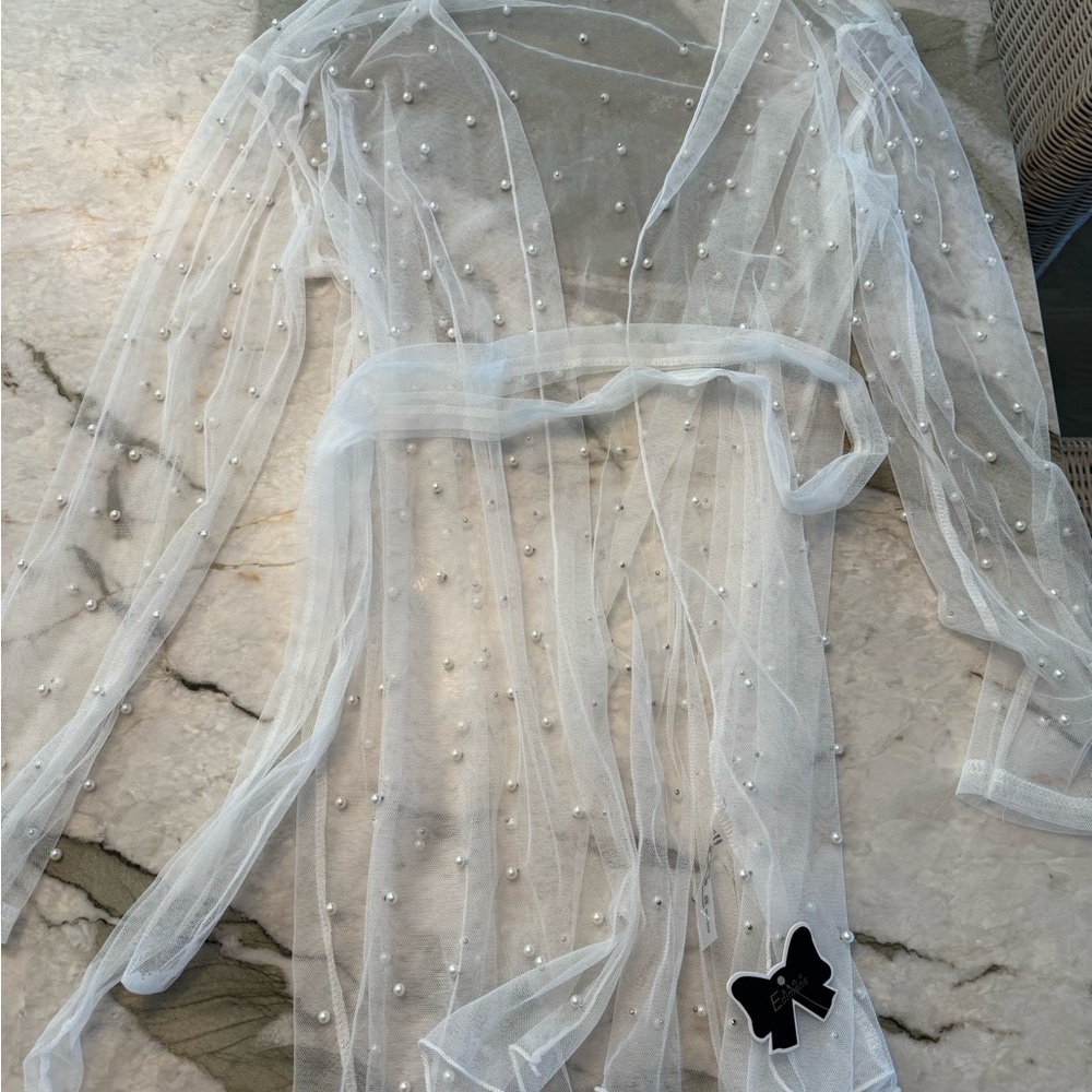 Elegant Sheer White Bridal Robe with Pearl Accents